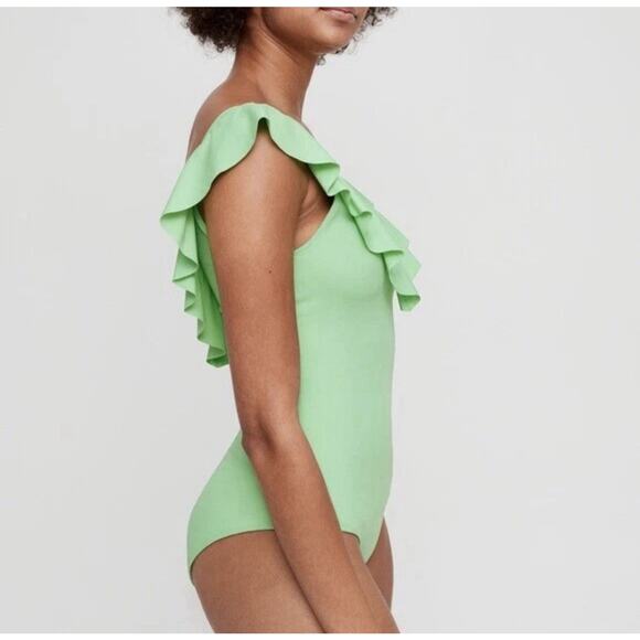 Aritzia Wilfred Danette Neon Ivy Ruffle Swim Bodysuit One Piece Top - Picture 2 of 13